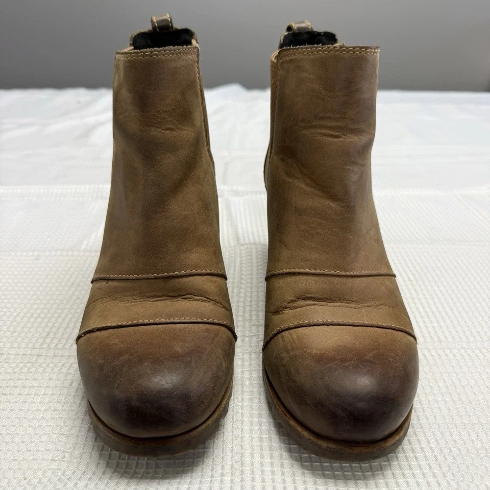 Sorel‎ Womens 8 Ankle Boot Lea Joan Of Arctic Wedge II Tan Leather Heel Shoes